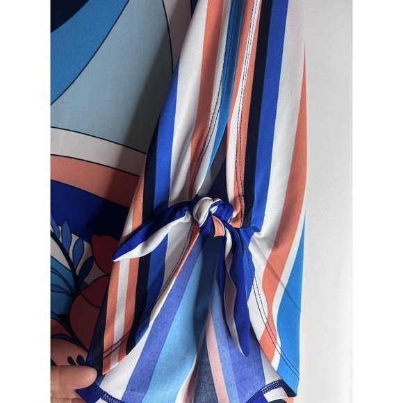 Susan Graver Top Size 1X Liquid Knit Tie Sleeve Tropical Resort Blue Coral - Picture 4 of 7